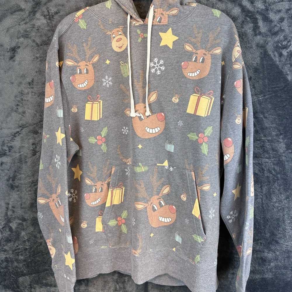 Unisex Gray Christmas Reindeer Graphic Print Pullover Hoodie Drawstring Pocket L
